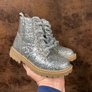 Old Navy Silver Glitter Combat Boots Side Zipper Girls 8 Like New